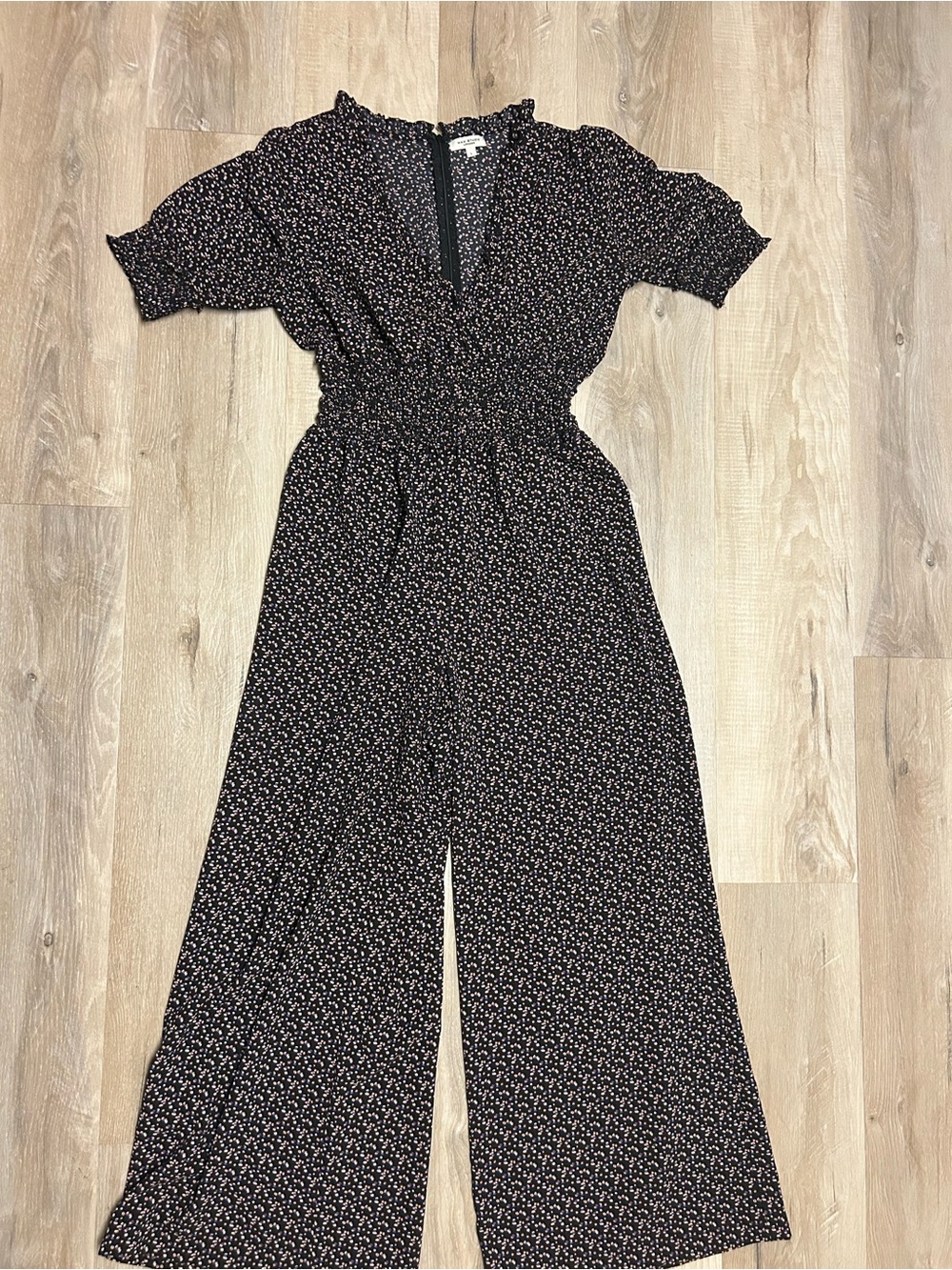 Max Studio Black Floral Wide-Leg Jumpsuit with Ruffle Neck